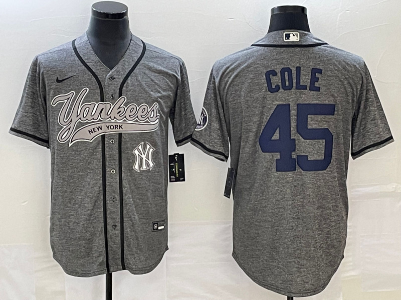 Yankees 45 Gerrit Cole Logo Gray Gridiron Cool Base Jersey