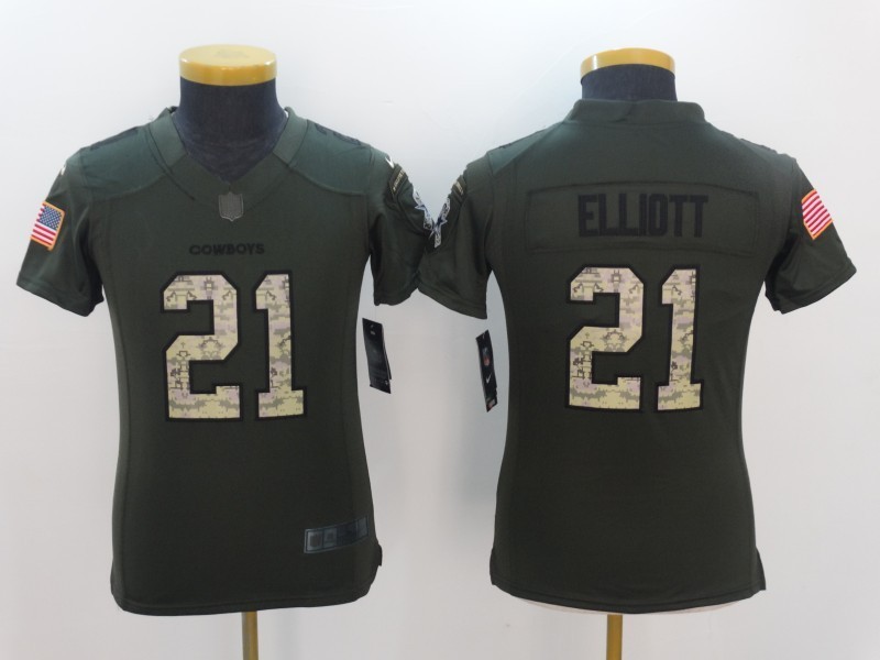 Youth  Dallas Cowboys 21 Ezekiel Elliott Green Stitched NFL Limited Salute to Service Jersey